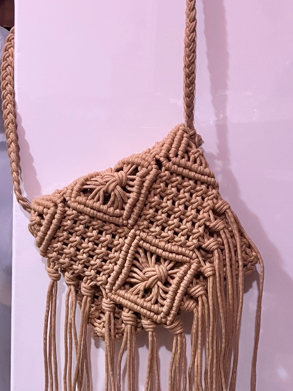 Three Bird Nest Tan Macramé Fringe Crossbody Bag